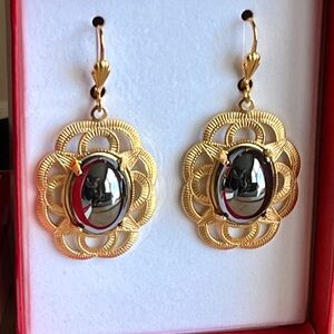 Ali by Alzerina Magnolia Earrings Jet Hematite Cabochon 24K Gold Plated
